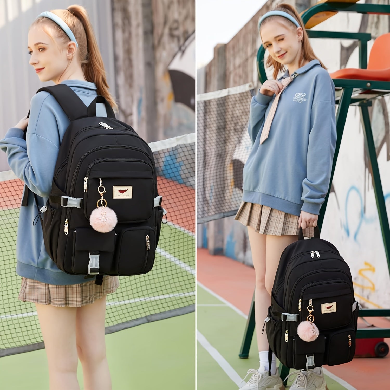 HIDDS Preppy Style 3pcs Backpack Set with Lunch & Pen Case, Nylon Urban Theme Women'S Travel College Backpack, Adjustable Straps, Zipper Closure, Solid Black - Fits 15.6" Laptop